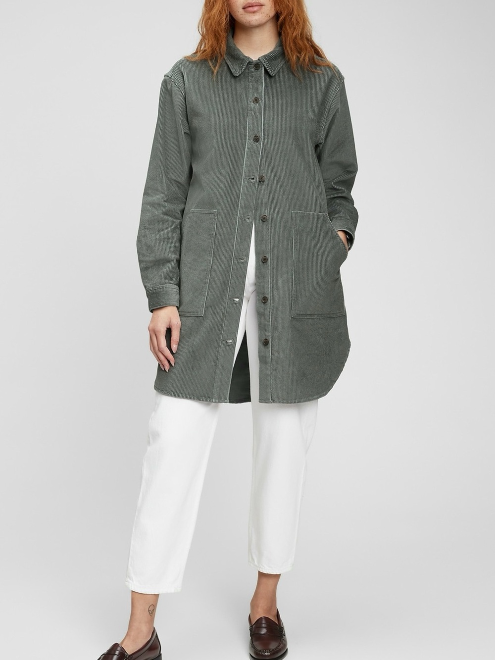GAP Long Corduroy Button-Up jacket in Olive Green